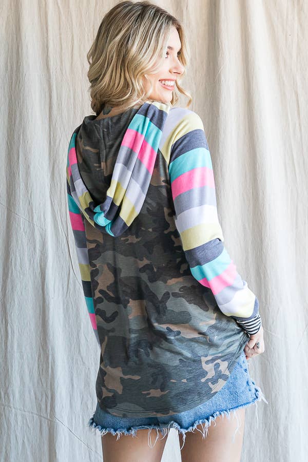 7th Ray - Wholesale Hoodie - Women's - Camo Print Stripe Raglan Sleeve Drawstring Hoodie T45491