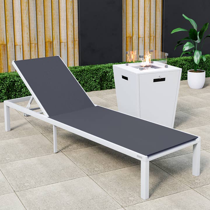 Marlin Chaise Lounge with White Aluminum Frame and Fire Pit for wholesale by LeisureMod
