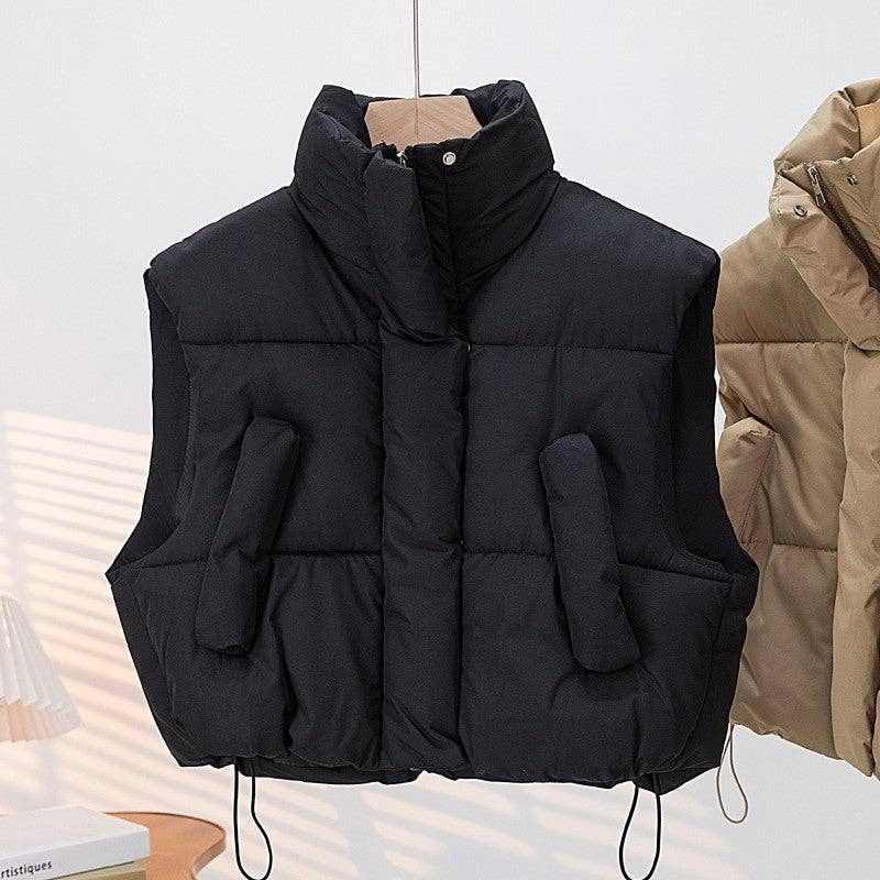 FurDecoration – Großhandel Oberbekleidungsweste – Damen – Farblich einfarbige, dicke, locker sitzende kurze Baumwollweste mit Stehkragen4