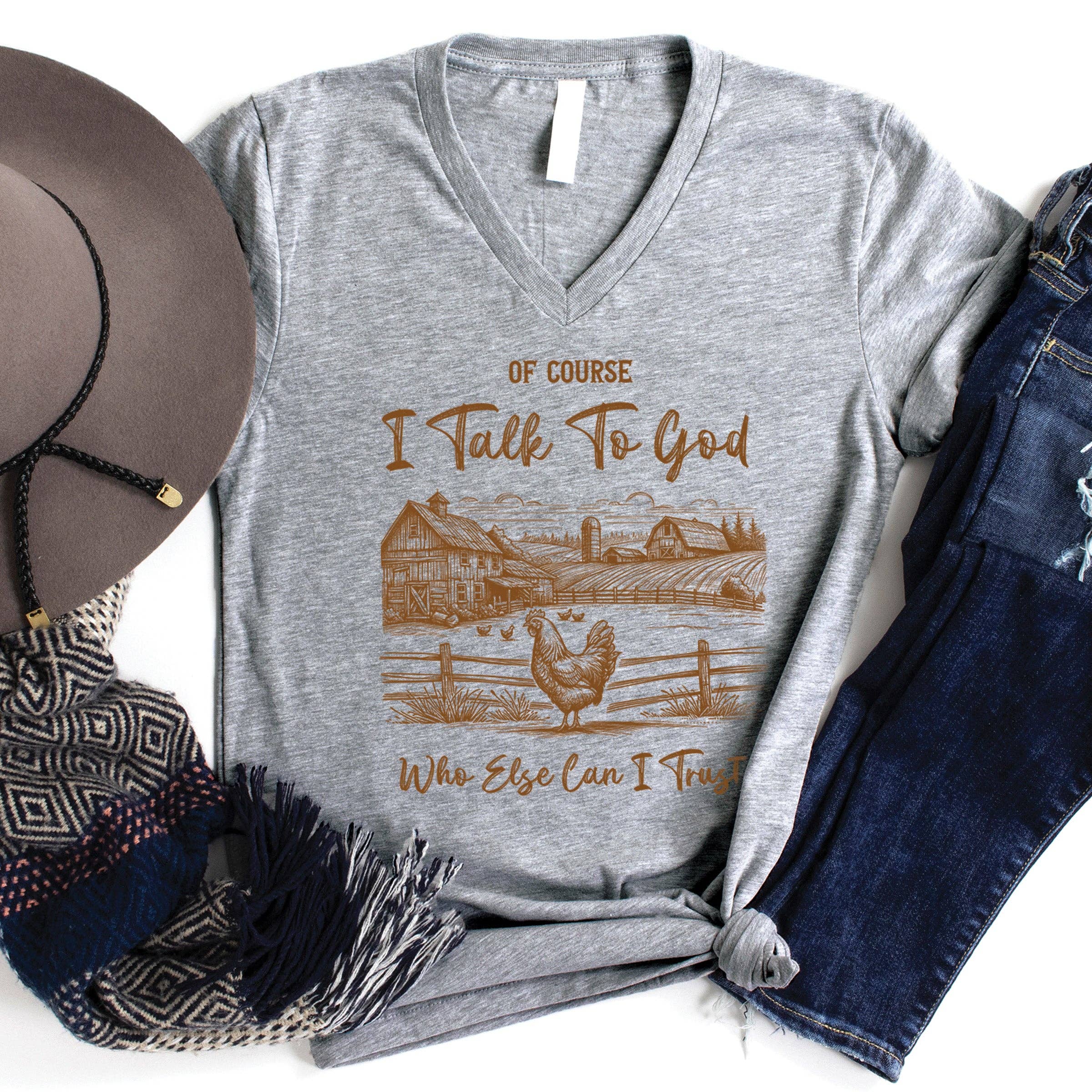 Heather Grey I Talk to God Graphic V-Neck for wholesale on Faire0