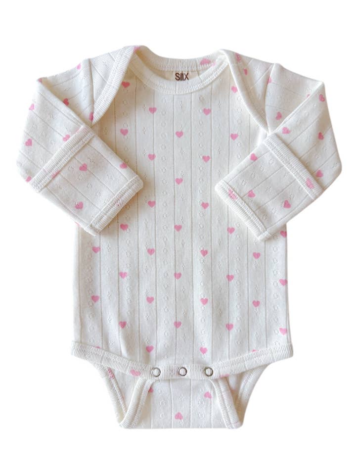 White with Pink Heart / Organic Pointelle Long Sleeve Bodysuit for wholesale by SIIX Collection