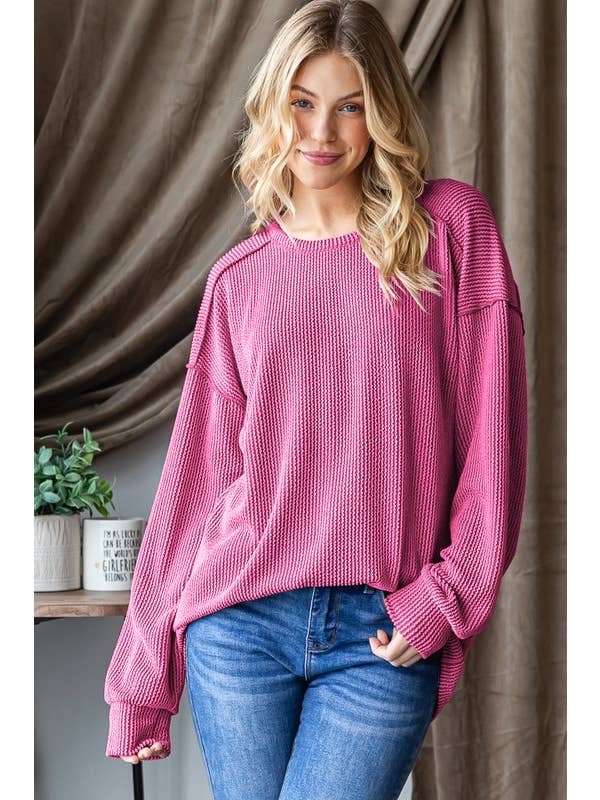 HEIMISH - Wholesale Knit Top - Women's - ET7684-10 LONG PUFF SLEEVE SOLID URBAN RIBBED TOP