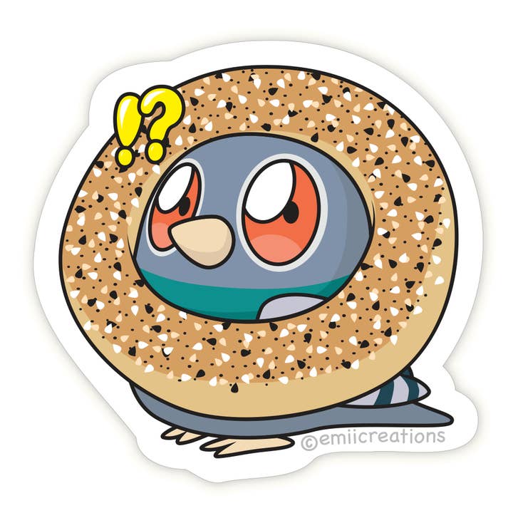 Autocollant en vinyle Pigeon in Bagel Bird pour la vente par Emii Creations