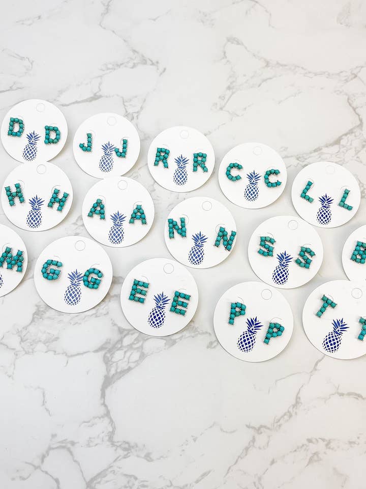Semi-Precious Turquoise Initial Post Earrings for wholesale by Prep Obsessed Wholesale