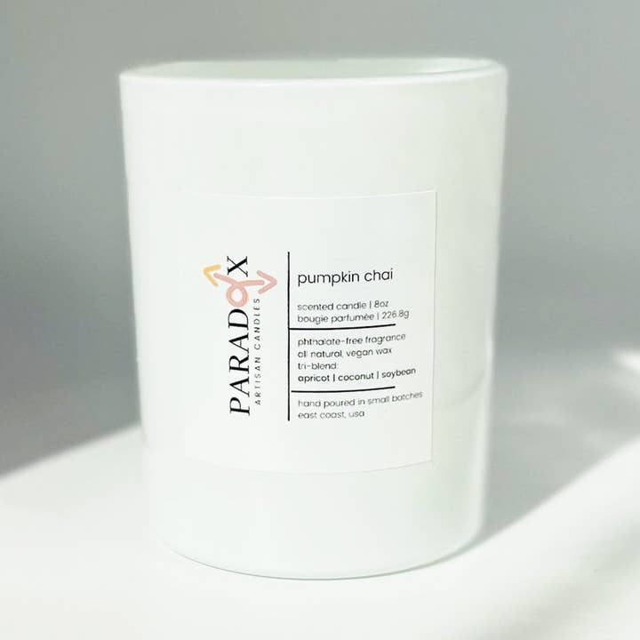 chai à la citrouille | gobelet à bougie parfumé de 8 oz | blanc pour la vente par Paradox Artisan Candles