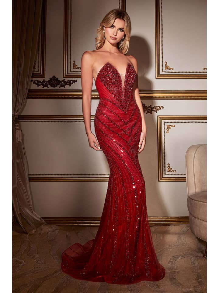 Ladivine by Cinderella Divine - Wholesale Gown - Women's - STRAPLESS FITTED BEADED GOWN