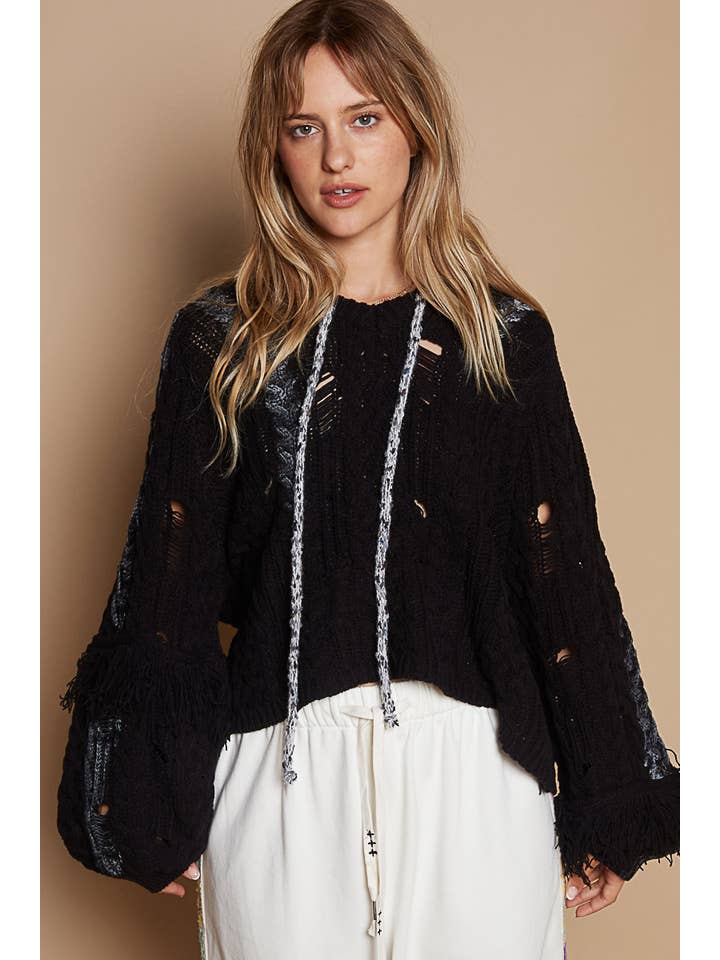 Pol Clothing - Wholesale Knit Sweater - Women's - V-neck long sleeve distressed fringe sweater SALE