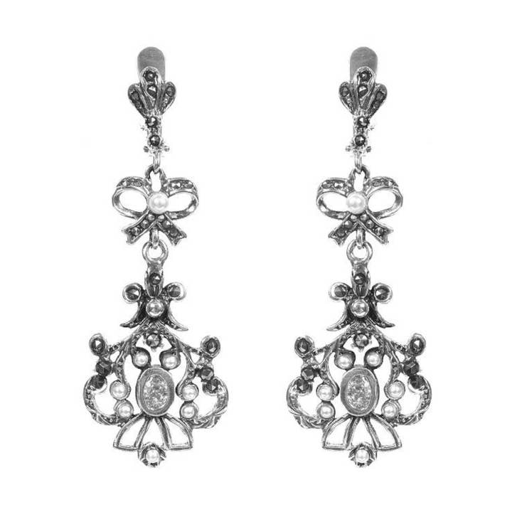 Earrings Catarina with Marcasites and Pearl in Silver for wholesale by PORTUGAL JEWELS