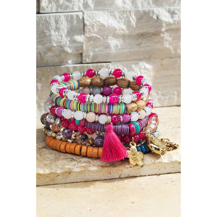 Moscow 10 Layered Wood and Glass Boho Bracelet Set for wholesale on Faire