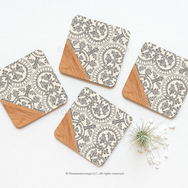 Set di 4 sottobicchieri in sughero, motivo geometrico, in finto legno per la vendita all'ingrosso da parte di Onesweetorange