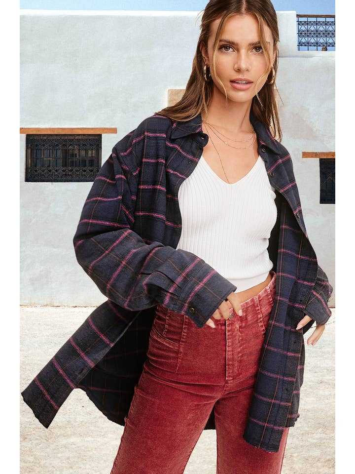 La Miel - Wholesale Buttoned-down shirt – Women's - SRT1329-Loose Fit Button Down Two-Tone Washed Plaid Shirts17