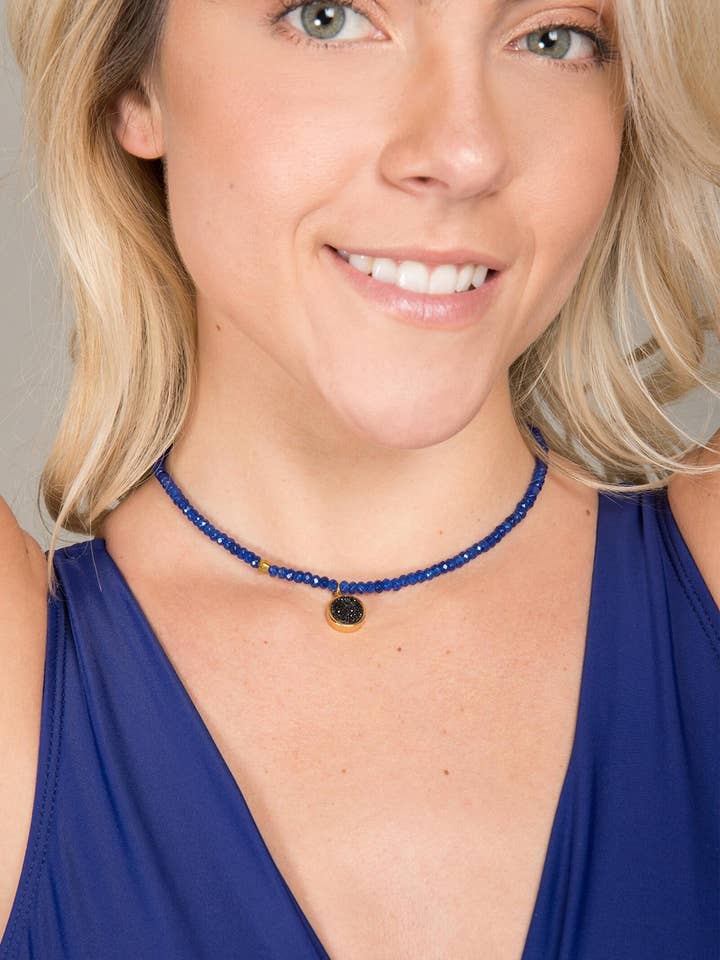 Blue Agate Beaded Choker with Druzy Pendant for wholesale by Veroma Gifts