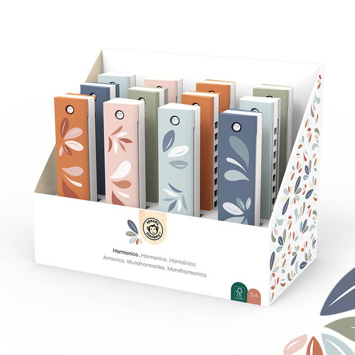 Display of 10 assorted Harmonicas for wholesale by Speedy Monkey