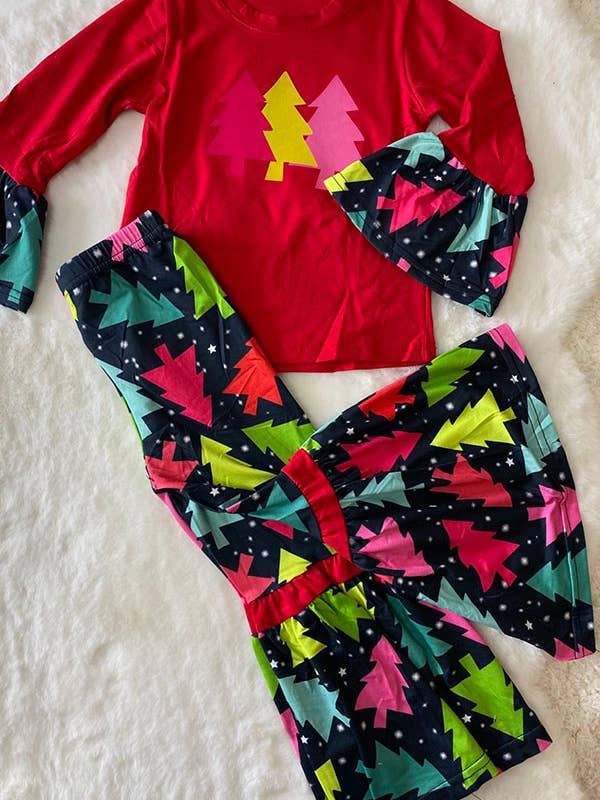 luluclothes - Wholesale Top & Pant Set - Kids - DLH0824-2 Christmas trees prints red top pant girls sets