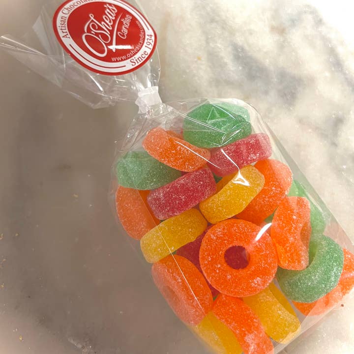 O'Shea's Candies Sweet Shop - Wholesale Gummy - Gourmet Fruit Rings 🍒 🍊 🍋 Sanded Rings 3/4 Pound Flaire