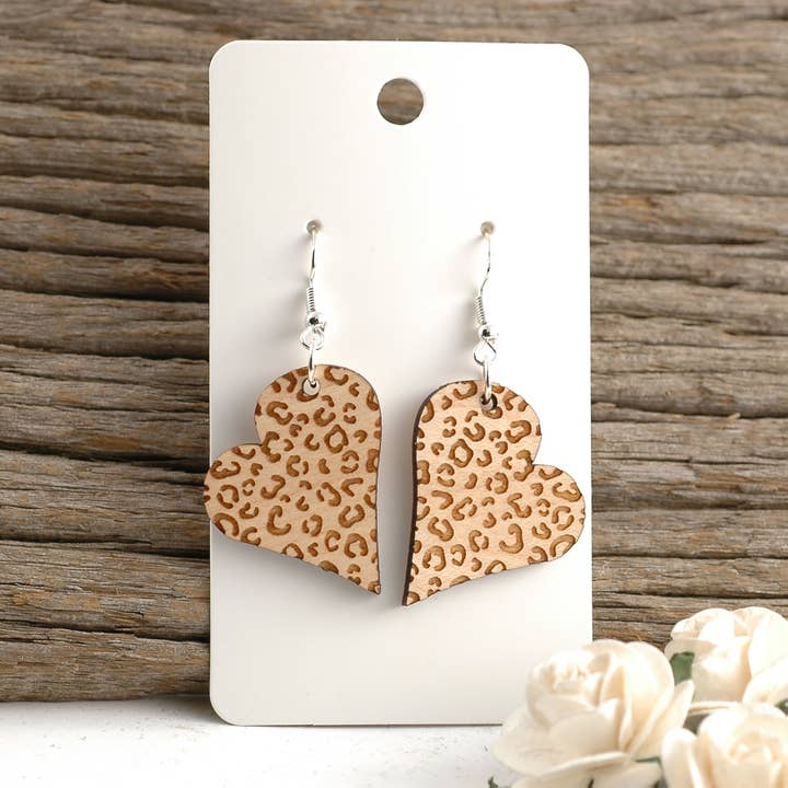 Valentine Heart Earrings | Leopard Print Dangle Post Wood for wholesale by Rocky Mountain Shops