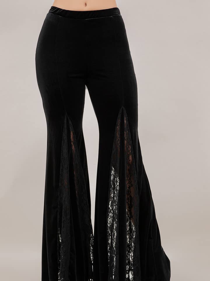 SP6417D BLACK VELVET W/LACE INSET DETAIL BELL BOTTOM PANTS for wholesale by Saints & Hearts
