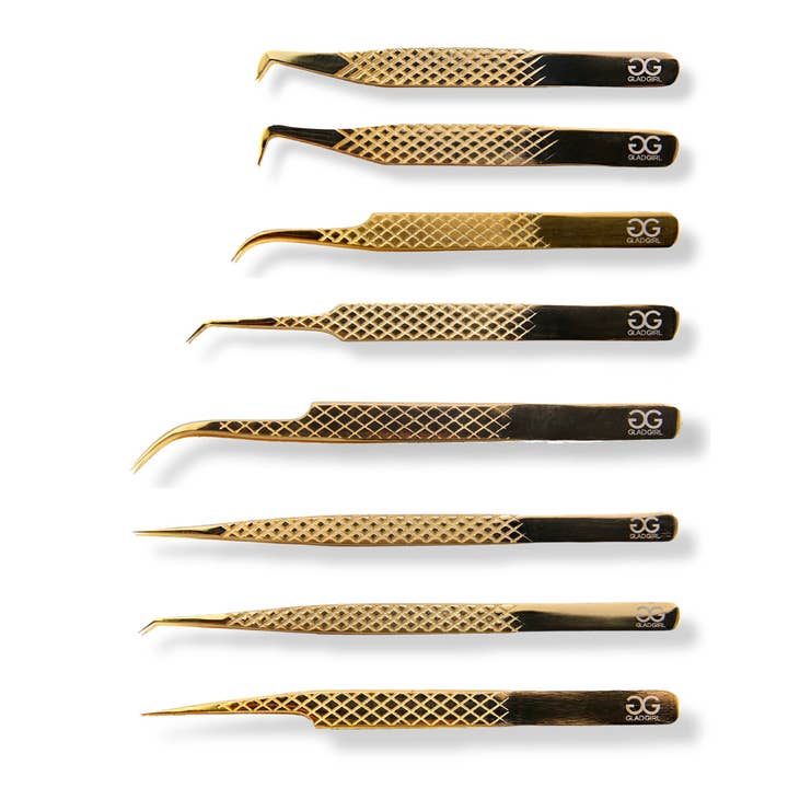 Titanium Gold Diamond Grip Eyelash Extension Tweezers for wholesale by GladGirl