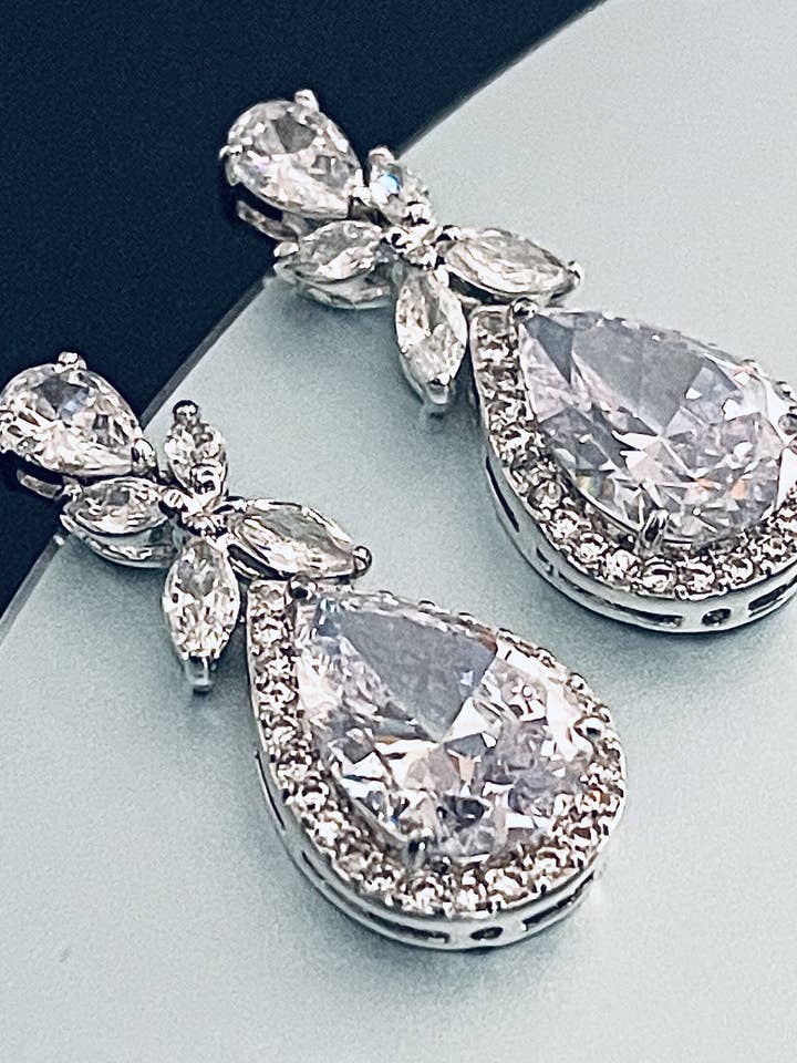 FLEUR - Detailed CZ Crystal Drop Earrings In Silver for wholesale by JohnnyB Jewelry
