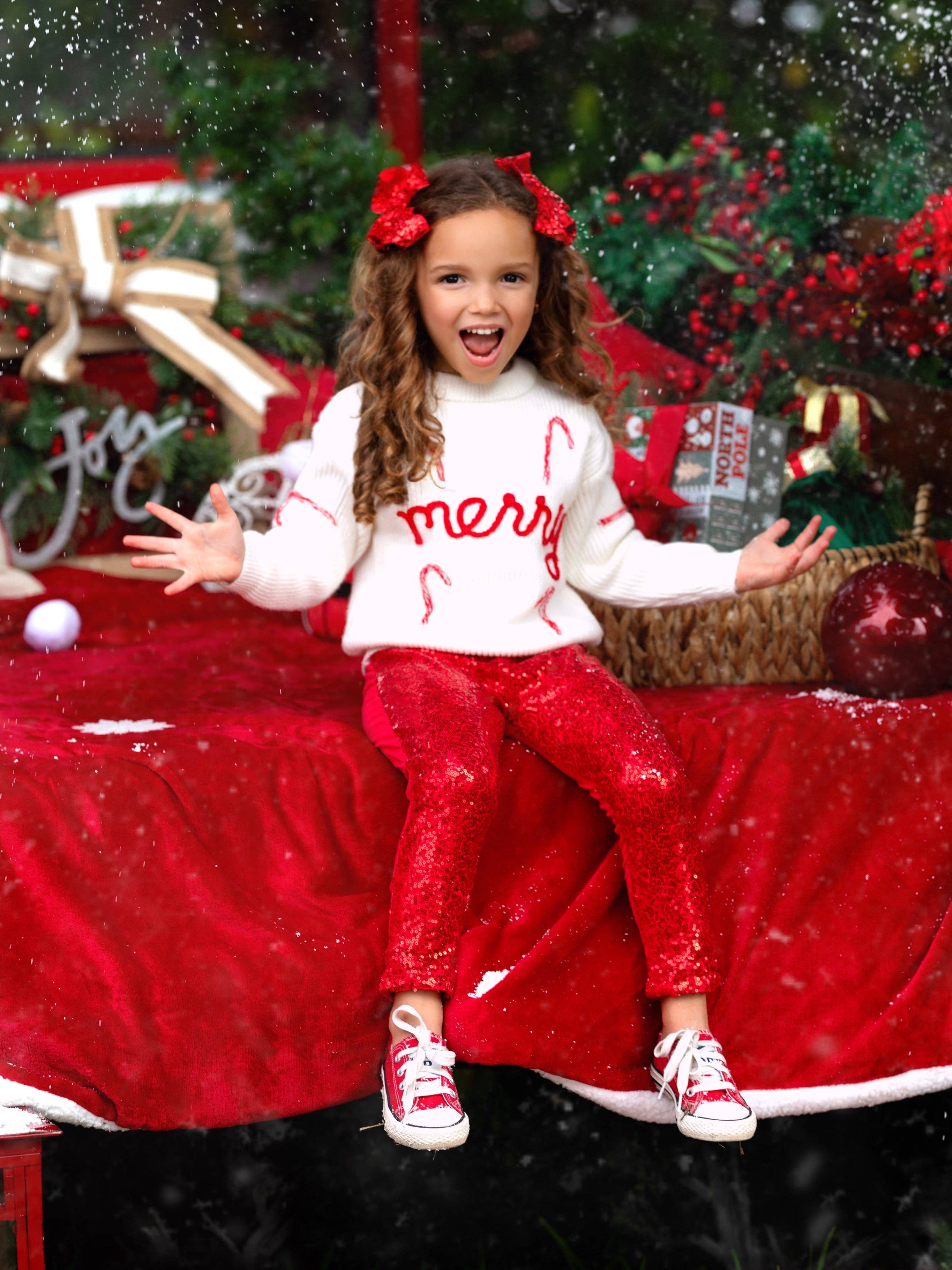 Merry Knit Sweater and Red Dazzling Sequin Pant Set for wholesale on Faire5
