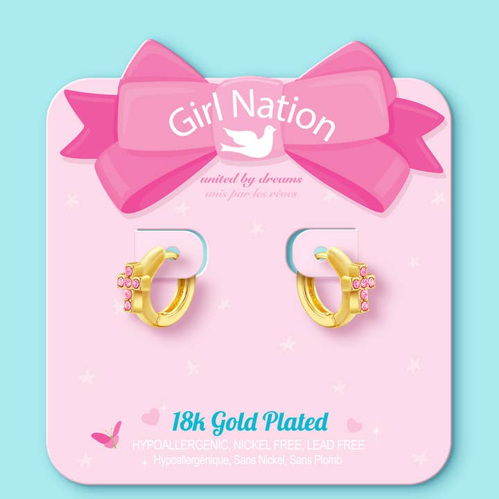 Pink Cross Earlets | 18K Gold Plated Girls Huggie Earrings
for wholesale by Girl Nation | Kids Jewelry | Easter Gifts