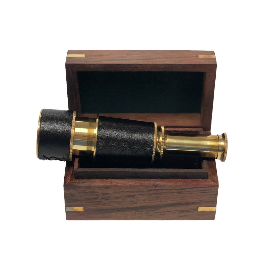 Madison Bay Co. - Historical Home Decor Reproductions - Wholesale Decorative tabletop object - Brass Leather-Wrapped Pocket Telescope w/ Wood Display Box