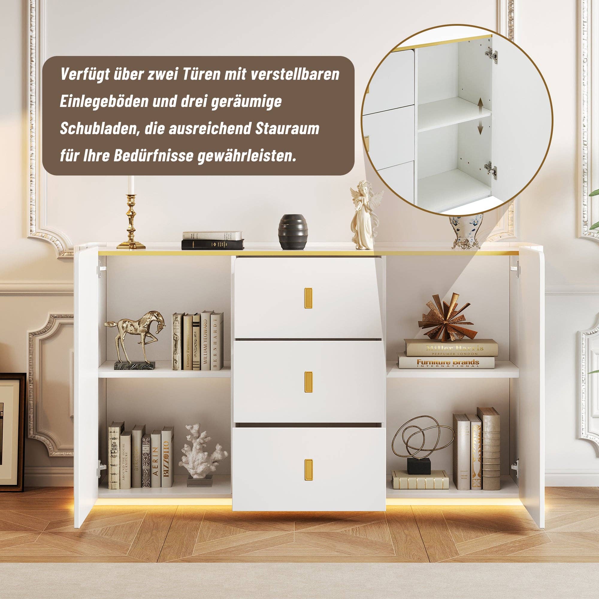 Urban Meuble – Aparador por atacado – Buffet branco elegante 2 portas, 2 gavetas com iluminação LED 150*35*80cm KRAUDREL33