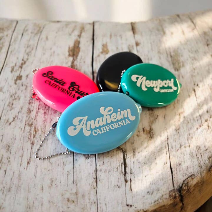 Retro Squeeze Coin Purse - Custom Text city/state for wholesale by Mad River