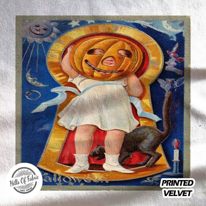 Halloween Child Pumpkin Cat Vintage Fabric Panel for wholesale by Hills Of Fabric