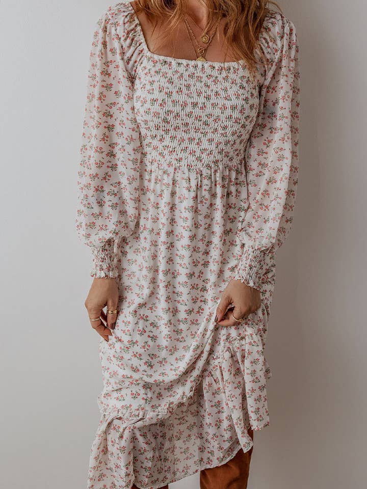 White Delaney Ruffled Hem Square Neck Midi Dress for wholesale on Faire8