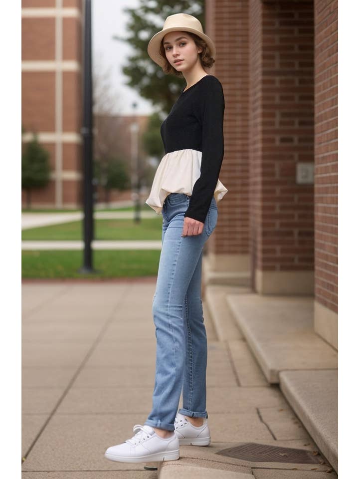 BLACK CREAM LUCY BUBBLE HEM TOP (BLACK / CREAM)- VT3395 for wholesale on Faire