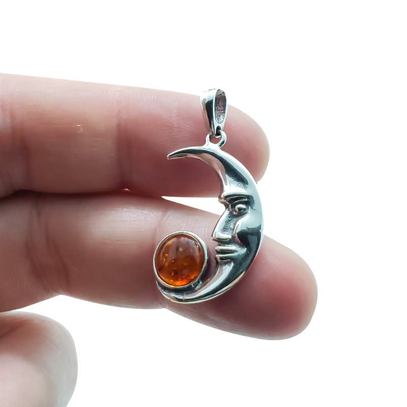 Amberman - Wholesale Individual Charm/Pendant - Cognac Amber Sterling Silver Moon Pendant2