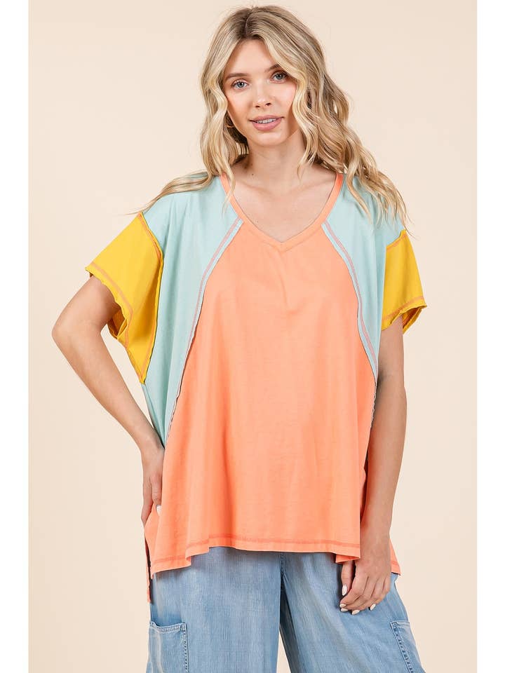 mittoshop - Wholesale Tunic - Women's - OVERSIZED COLOR BLOCK SHORT SLEEVE KNIT TOP