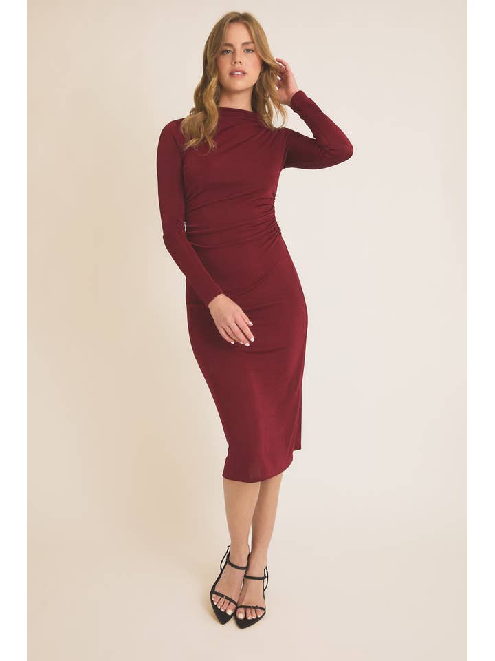 GILLI - Wholesale Dress - Women's - LONG SLEEVE MOCK NECK SIDE SHIRRING MIDI DRESS8