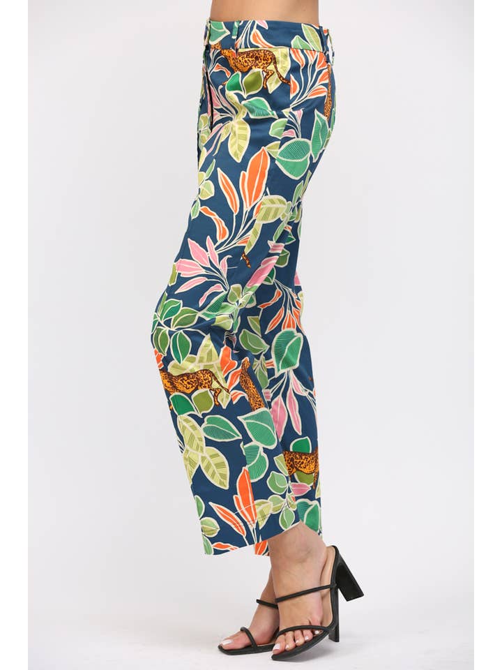 NAVY MULTI TROPICAL PRINT PINTUCK FLARE PANTS FP60025 for wholesale on Faire