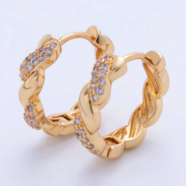 18K Gold Filled Micro Paved CZ Twirled Twisted Rope Round Hinged Huggie Earrings | AI375 for wholesale by Aim Eternal
