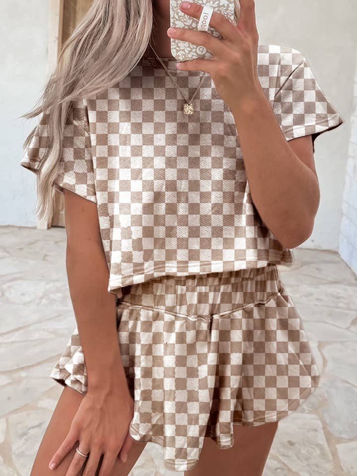Checkerboard T Shirt and High Waist Skorts 2 Piece Outfit for wholesale by Secret Style Source