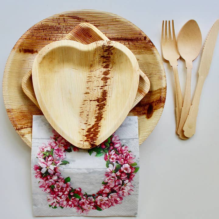 Eco Elegant Table Ware - Wholesale Dinner Plate - palm lef plate 50 pic square - 50 pic round 6" - 150 cutlery6