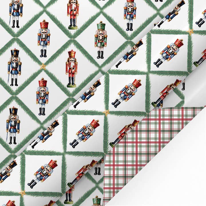 24" x 417' Reversible Holiday Wrapping Paper Half Ream | Norfolk Pine Nutcracker/Small Red and Green Plaid
for wholesale by LA Ribbons Wholesale