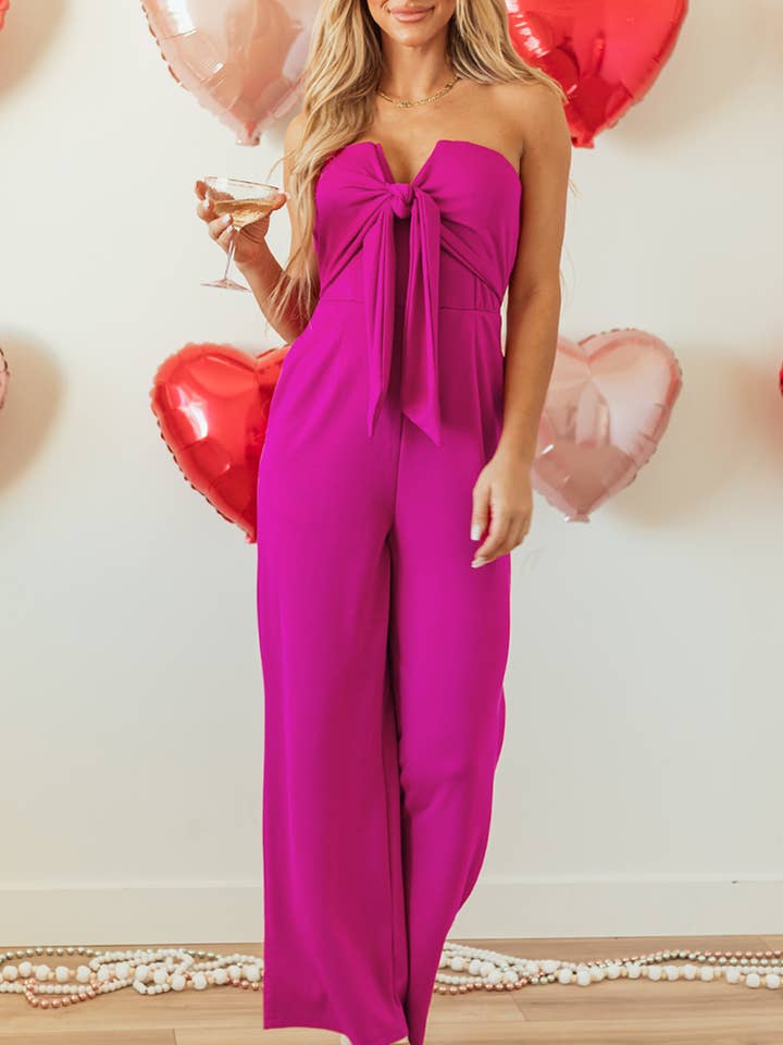 Bright Pink Bow Strapless Wide Leg Jumpsuit for wholesale on Faire