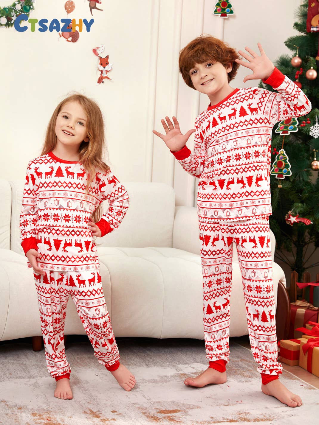 Family Matching Red White Reindeer Christmas Pajama Sets for wholesale on Faire1