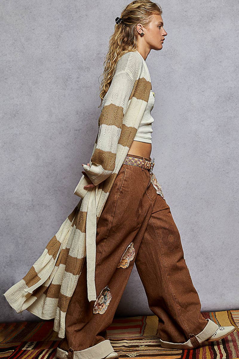 CRÈME/MOKA Veste cardigan maxi à manches longues avec détail de rayures contrastées en vente sur Faire2