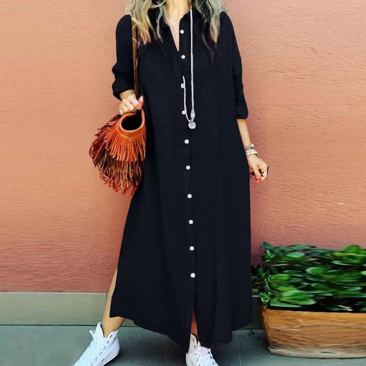 Rosa Clothing - Wholesale Dress - Women's - plain button down long sleeve v-neck shirt dress