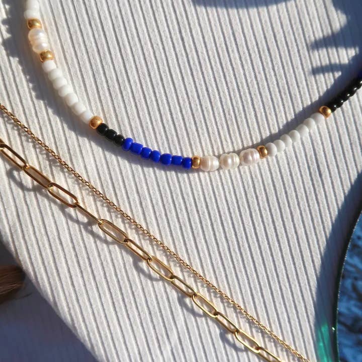 Beachy Coastal Beaded Necklace w Freshwater Pearls for wholesale by Athena’s Art Cove