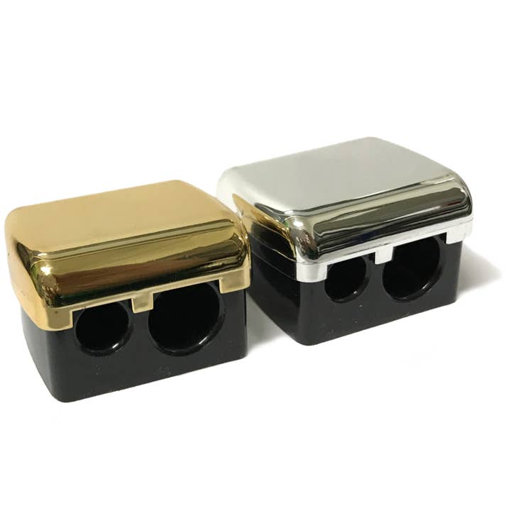 sesioMWorld - M·O·I Professional – Großhandel Bleistiftspitzer – Doppel-Spitzer mit Behälter in Silber- oder Goldoptik für Make-up-Stifte