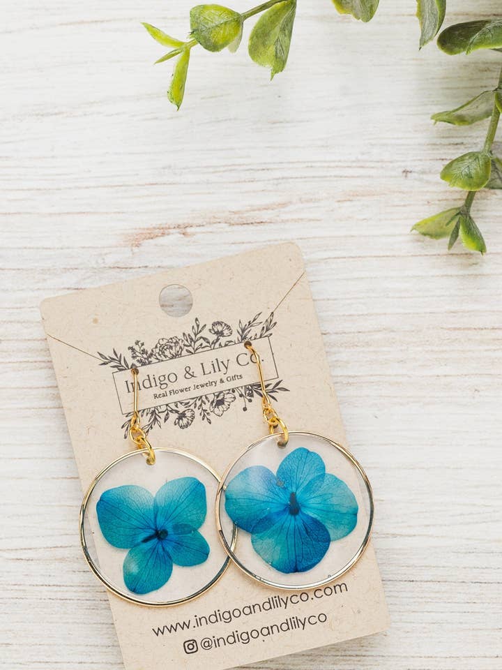 Pressed Blue Hydrangea Earrings, Wildflower, 14k gold filled for wholesale by Indigo & Lily Co.