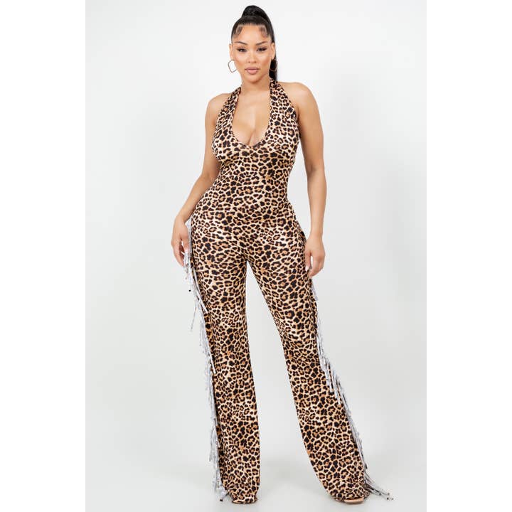 J7951 ANIMAL PRINT JUMPSUIT WITH SIDE FRINGE for wholesale by Uptown Apparel