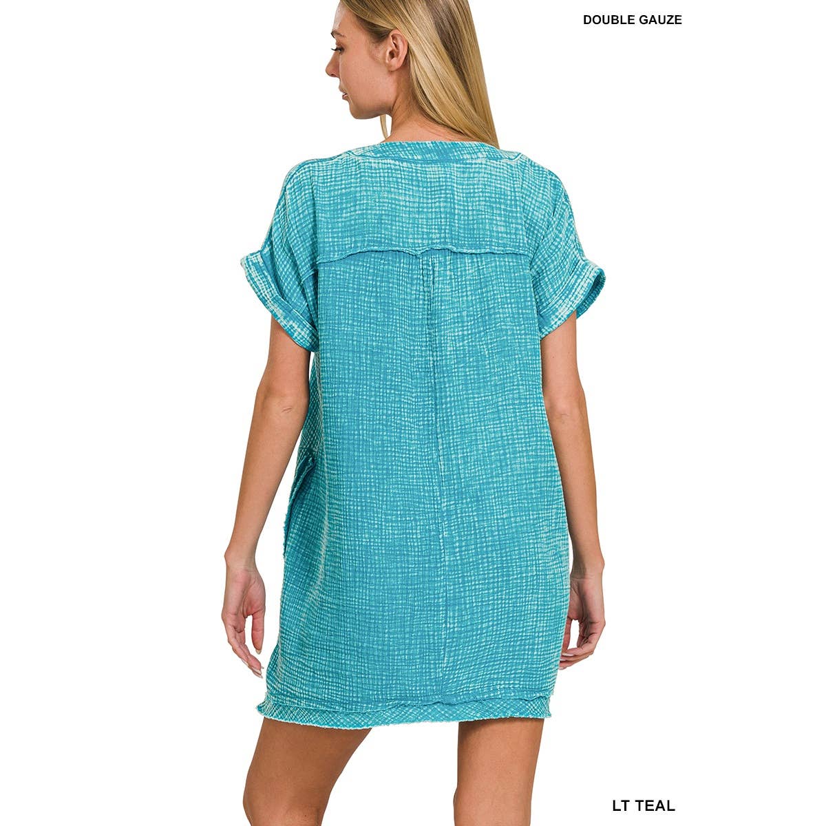 Apolline – Großhandel Kleid – Damen – GEWASCHENES KLEID MIT V-AUSSCHNITT AUS DOPPELTER GAZE MIT OFFENEN KANTEN12