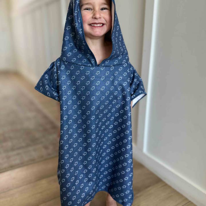 Keep the Littles Wild - Wholesale Hooded Towel - Kids & Baby - Microfiber blue fish waffle wearable towel