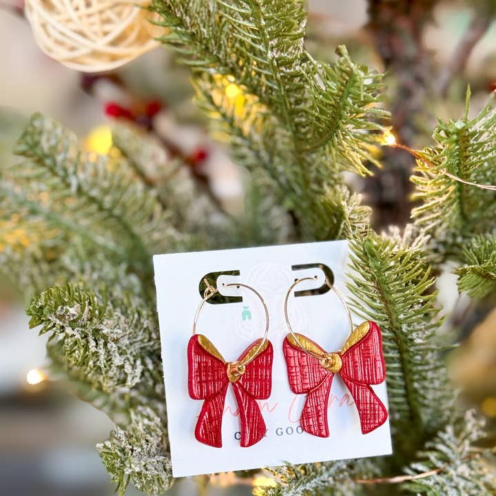 Anam Cara Clay Goods - Wholesale Dangle Earrings - Sparkle Bow Hoops-Polymer Clay Earrings